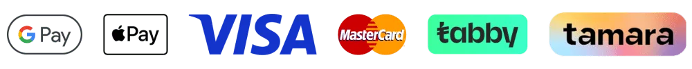 Accepted payment methods: Google Pay, Apple Pay, Visa, MasterCard, Tabby, and Tamara