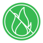 Green circular icon with a flame crossed by a diagonal line indicating non-flammable material.